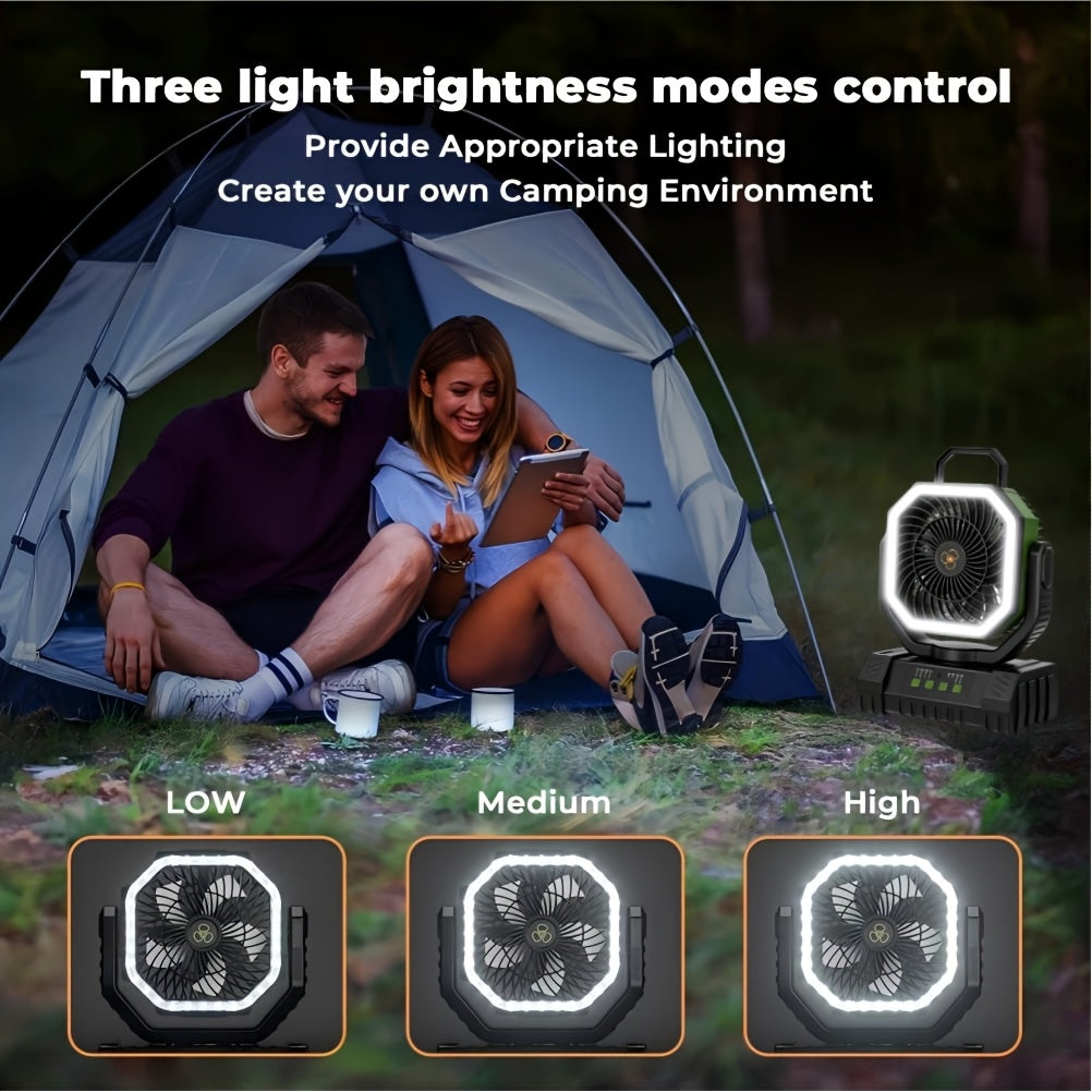 Ventilateur de camping à batterie 20 000 mAh, autonomie 59 h – Ventilateur oscillant portable rechargeable avec télécommande, 4 vitesses, éclairage LED et crochet pour tente, extérieur, terrasse, garage, coupure de courant ou ouragan