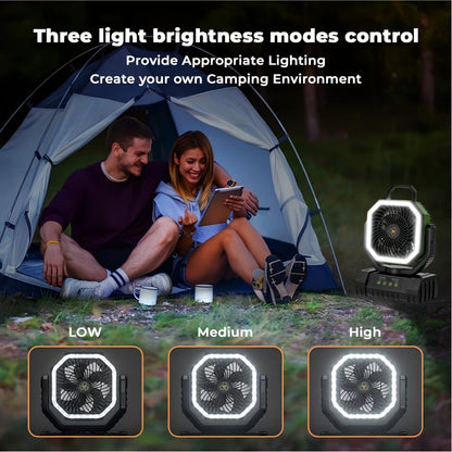 Ventilateur de camping à batterie 20 000 mAh, autonomie 59 h – Ventilateur oscillant portable rechargeable avec télécommande, 4 vitesses, éclairage LED et crochet pour tente, extérieur, terrasse, garage, coupure de courant ou ouragan