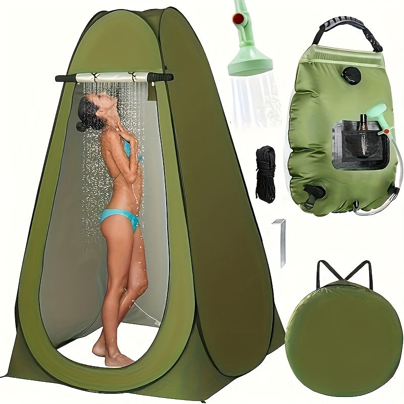 Tente de douche pop-up et sac de douche solaire de 20 litres, ensemble de camping – Lot de 2 tentes de douche extérieures étanches à montage instantané pour le camping, la randonnée, la pêche et la plage, cabine d'essayage portable facile à plier, vert
