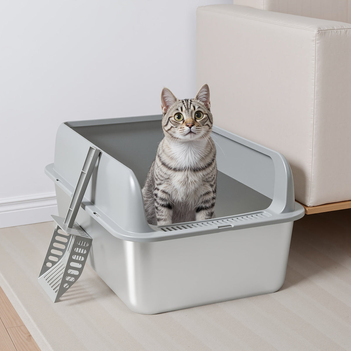 Bac à litière pour chat en acier inoxydable à bords hauts, bac anti-fuites avec pelle et plateau de tamisage, résistant à la rouille, anti-odeurs, anti-adhésif, facile à nettoyer, toilettes pour chats d'intérieur, taille moyenne à grande