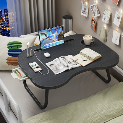 Support pour ordinateur portable avec port USB, tiroir de rangement et porte-gobelet – Plateau de lit en bois noyer pour manger, écrire, canapé, adultes et étudiants