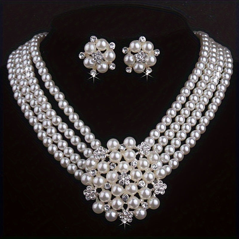 Parure de collier et boucles d'oreilles 4 rangs de perles blanc laiteux pour femme – Bijoux fantaisie plaqués argent style fleur superposée pour mariage, banquet, soirée, fiançailles, cadeau