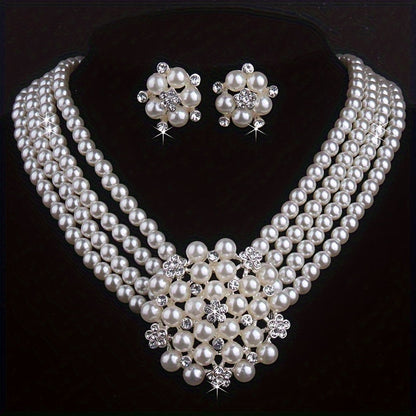 Parure de collier et boucles d'oreilles 4 rangs de perles blanc laiteux pour femme – Bijoux fantaisie plaqués argent style fleur superposée pour mariage, banquet, soirée, fiançailles, cadeau