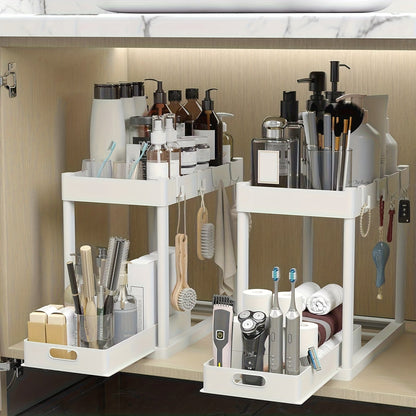Organisateur sous évier, lot de 2 paniers coulissants à double niveau avec 8 crochets, extensible – Étagère de rangement pour cuisine et salle de bain, blanc lunaire, noir, gris