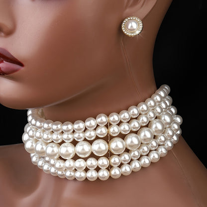 Parure de bijoux pour femme style français comprenant un collier multi-rangs à perles et des boucles d'oreilles géométriques rondes, ton doré, élégant pour banquet ou mariage