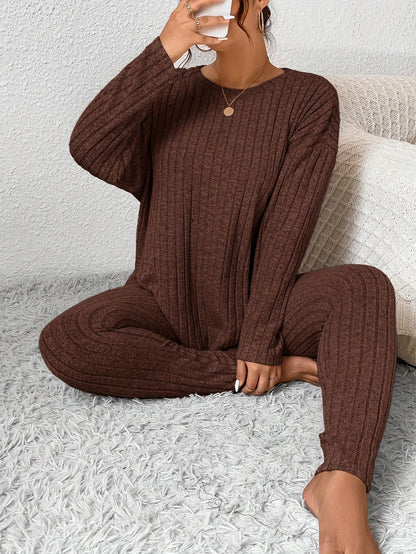 Women's Ribbed Two-Piece Set – Casual Soft 100% Polyester Crew Neck Long Sleeve Top & Pants Micro-Stretch Commuter Fashion Spring Fall Outfit