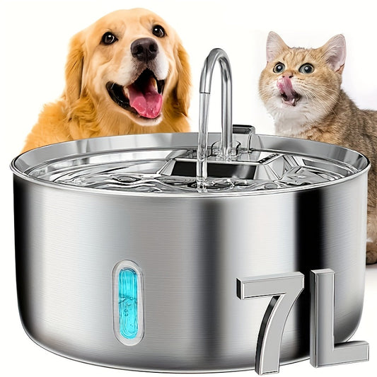 Fontaine à eau pour animaux en acier inoxydable 7 L (236 oz) – Distributeur d'eau automatique pour chats et chiens avec filtres de rechange, alimenté par USB et fenêtre de niveau d'eau – Modèle FT007