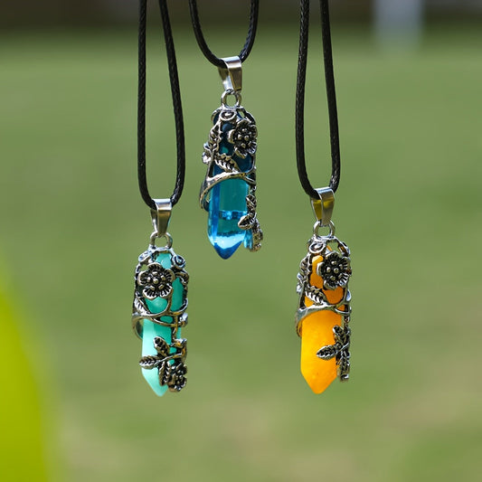 20pcs Natural Stone Hexagon Prism Pendant Necklace DIY Kit 10 Wrapped Flower Pendants and 10 Faux Leather Ropes Boho Handmade Jewelry Casual Accessories Gift