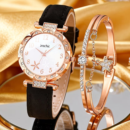 Coffret montre cœur orné de strass pour femme – 2 montres à quartz avec bracelet en similicuir, ensemble de montres-bracelets or rose et rose, idée cadeau pour la Saint-Valentin, les anniversaires et les fêtes