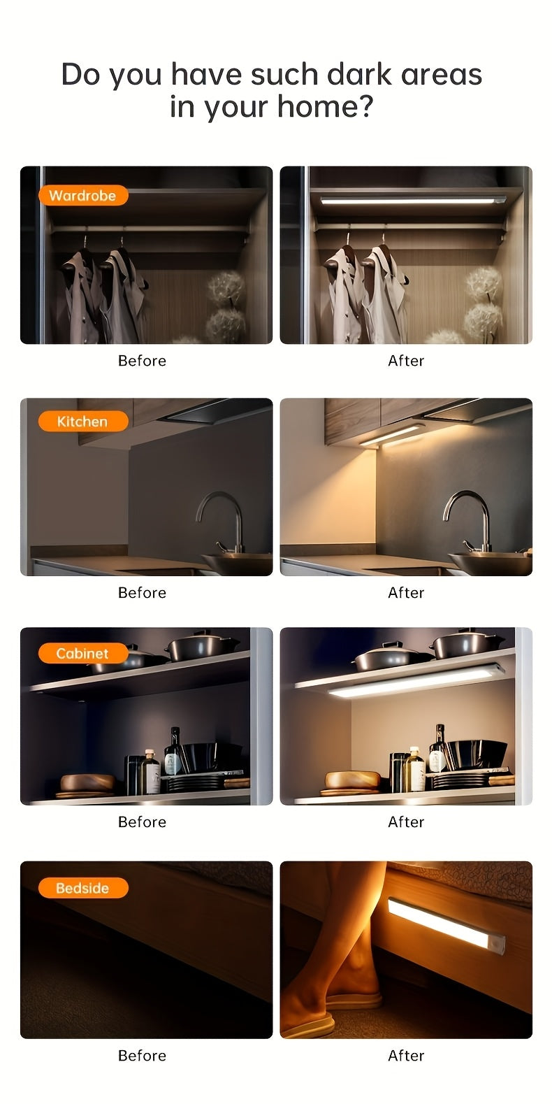 Éclairage sous meuble à détecteur de mouvement LED – Lampe de placard sans fil rechargeable USB-C, 3 températures de couleur et intensité variable, fixation magnétique, veilleuse à détection de mouvement pour cuisine, placard, tiroir (lot de 1/2/4)