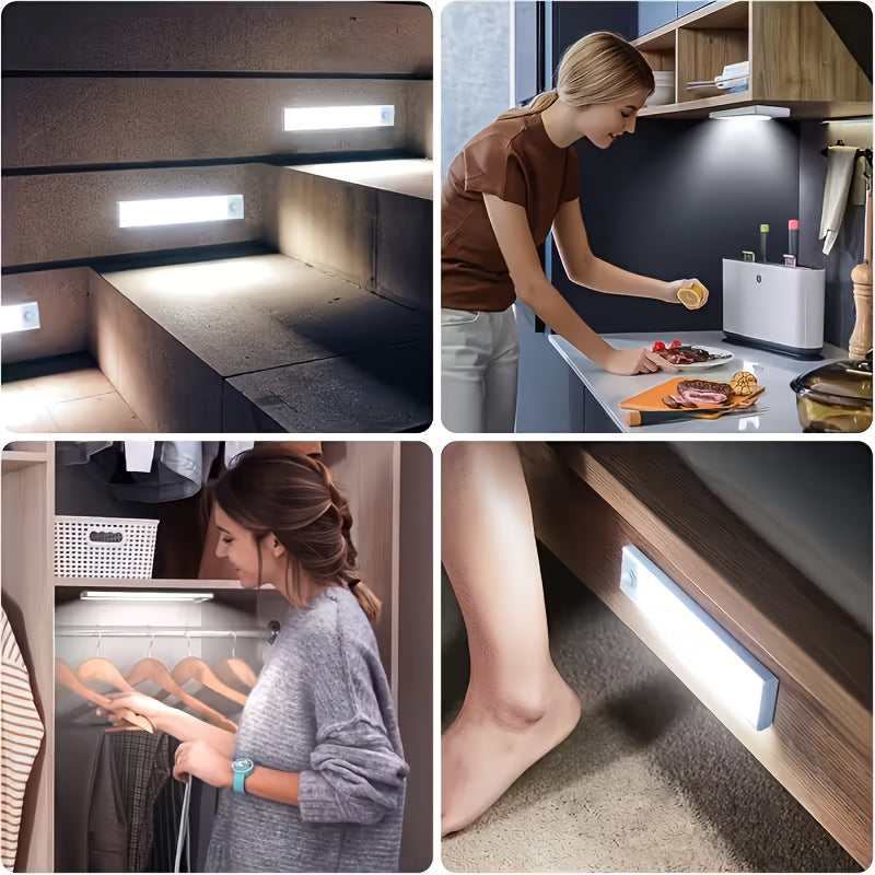 Lampe de placard LED à détecteur de mouvement rechargeable par USB – Éclairage intelligent sans fil sous meuble, intensité réglable 3 niveaux, veilleuse pour cuisine, chambre, placard, escaliers, couloir – Lot de 6 ou 3
