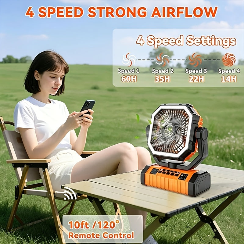 Ventilateur de camping 20000 mAh avec lanterne LED, rechargeable, oscillant, 4 vitesses et minuterie - Ventilateur de tente portable pour le camping, les véhicules récréatifs, les chantiers et les pannes de courant