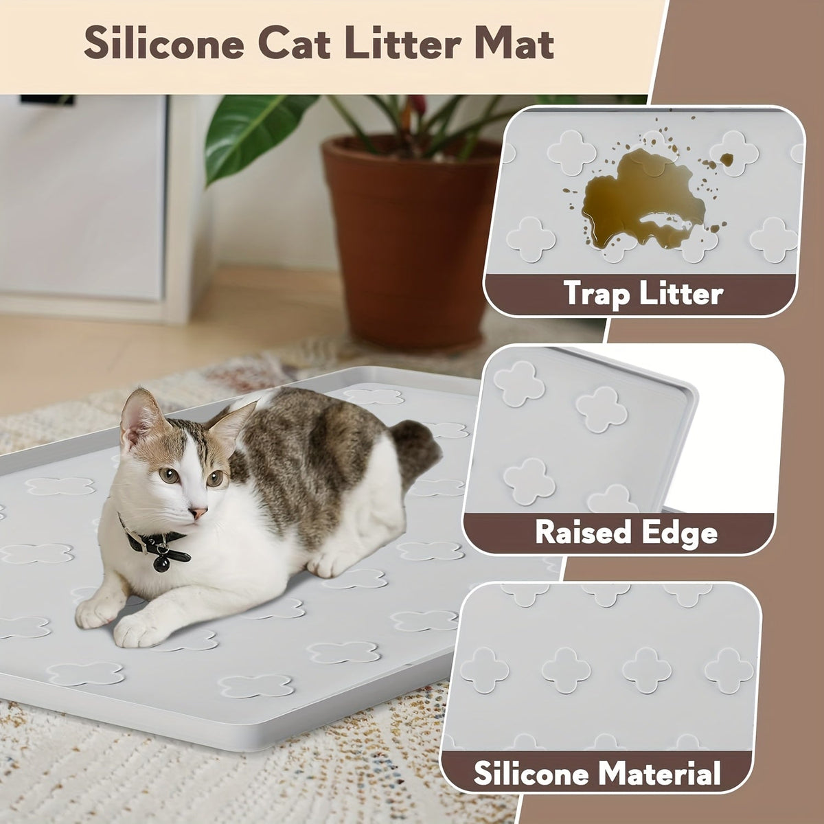 Tapis de litière pour chat en silicone XXL 3-en-1 – Protection de sol lavable et antidérapante avec bords surélevés, retient la litière, les croquettes et les miettes, tapis d'alimentation pliable pour chats, 86 x 56 cm, gris clair et gris foncé