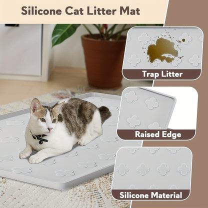 Tapis de litière pour chat en silicone XXL 3-en-1 – Protection de sol lavable et antidérapante avec bords surélevés, retient la litière, les croquettes et les miettes, tapis d'alimentation pliable pour chats, 86 x 56 cm, gris clair et gris foncé