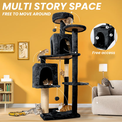 Arbre à chat multi-niveaux de 150 cm pour chats d'intérieur – Grand arbre à chat avec zone de repos en peluche, poteau à griffer en sisal et jouet à balle suspendue – Idéal pour chambre, salon et foyers multi-chats – Velora