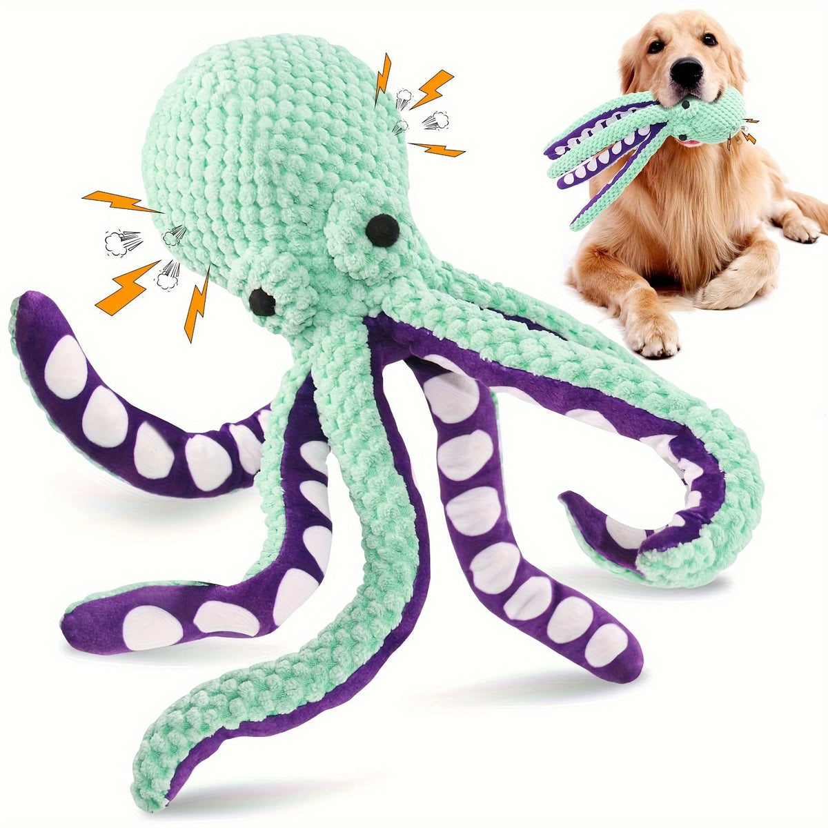 Jouet pour chien pieuvre en peluche avec pouic, jouet à mâcher interactif et durable pour chiens de taille moyenne, jouet en peluche sarcelle et violet avec pouic pour rapporter, dresser et soulager l'ennui