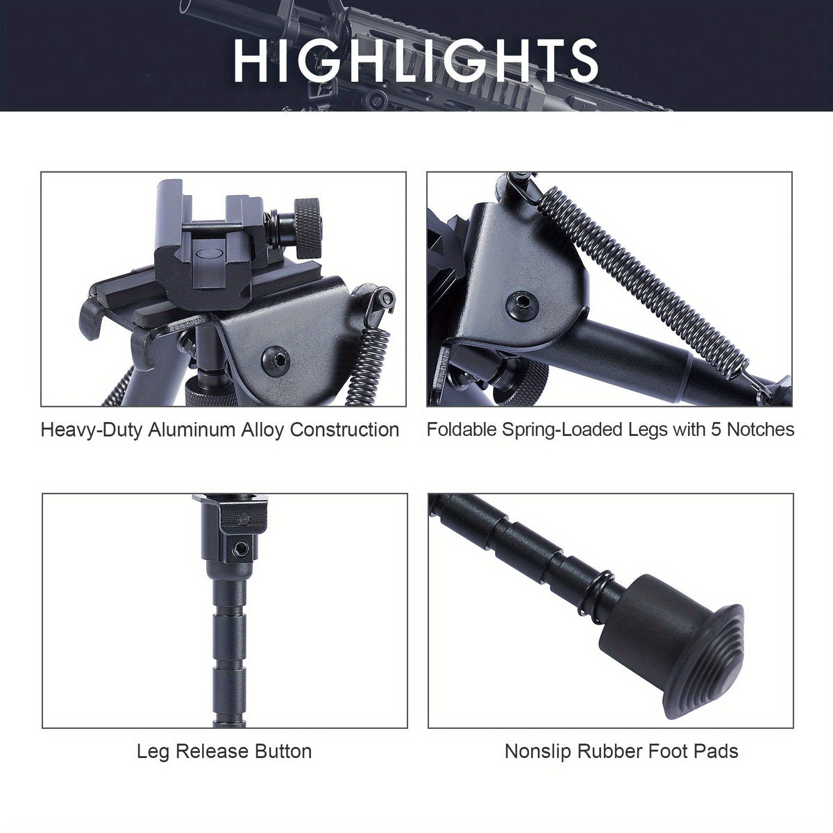 Bipied de tir réglable 6-9 pouces, 5 hauteurs, adaptateur à démontage rapide, pliable, rétractable, alliage d'aluminium léger, montage M-LOK, pieds en caoutchouc pour la chasse, le tir et les sports de plein air