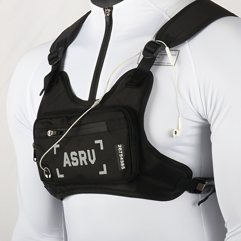 Sac de poitrine réfléchissant pour course à pied, gilet léger et réglable, sac bandoulière pour hommes et femmes – Sac de sport imperméable pour vélo, randonnée, ski avec trou pour écouteurs, noir et blanc