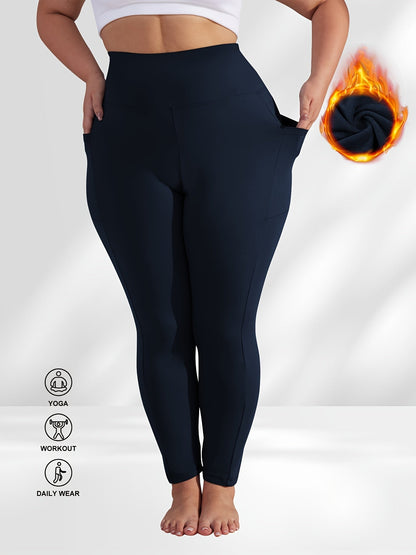 Pantalon de yoga grande taille pour femme avec poches – Legging chaud doublé en polaire taille haute pour l'automne et l'hiver, pantalon de sport moulant élastique, tailles 1XL-5XL en noir, gris, bordeaux et bleu marine