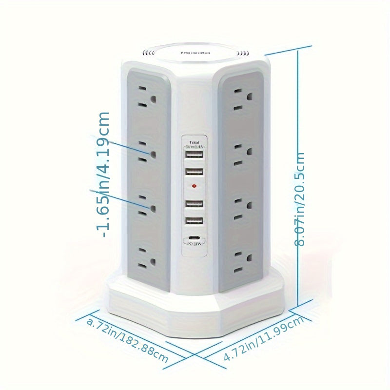 Tour multiprise, 16 prises CA, 5 ports USB, USB-C PD 20W, parafoudre 1500J, prise plate, rallonge de bureau