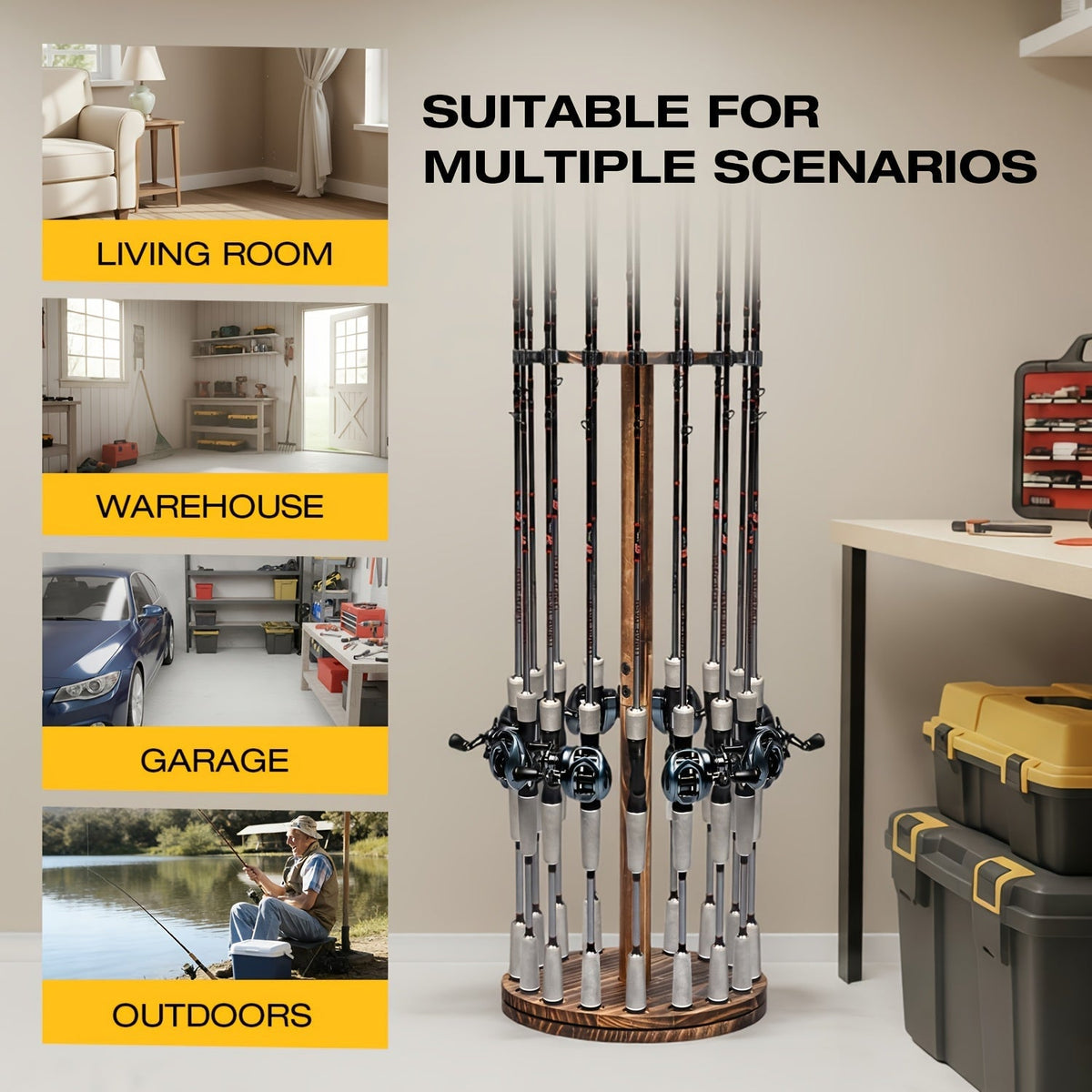 Support de cannes à pêche circulaire en bois, capacité 16 cannes, organisateur gain de place pour garage, abri de jardin ou espace détente – Options rotatif à 360° ou fixe, construction en bois robuste, cadeau pour pêcheur