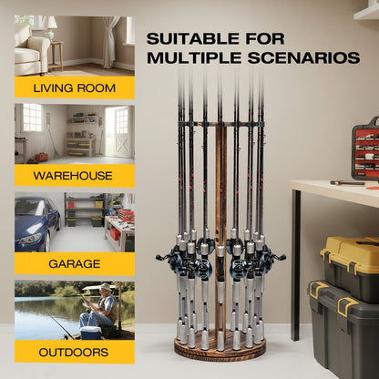 Support de cannes à pêche circulaire en bois, capacité 16 cannes, organisateur gain de place pour garage, abri de jardin ou espace détente – Options rotatif à 360° ou fixe, construction en bois robuste, cadeau pour pêcheur