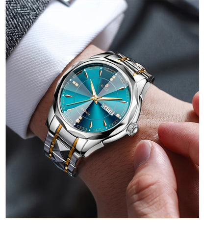 Montre à quartz pour homme RUIGE – Veilleuse, double calendrier, cadran à facettes façon diamant, boîtier en acier inoxydable, bracelet en alliage, montre-bracelet business décontracté, cadeau idéal pour la fête des pères