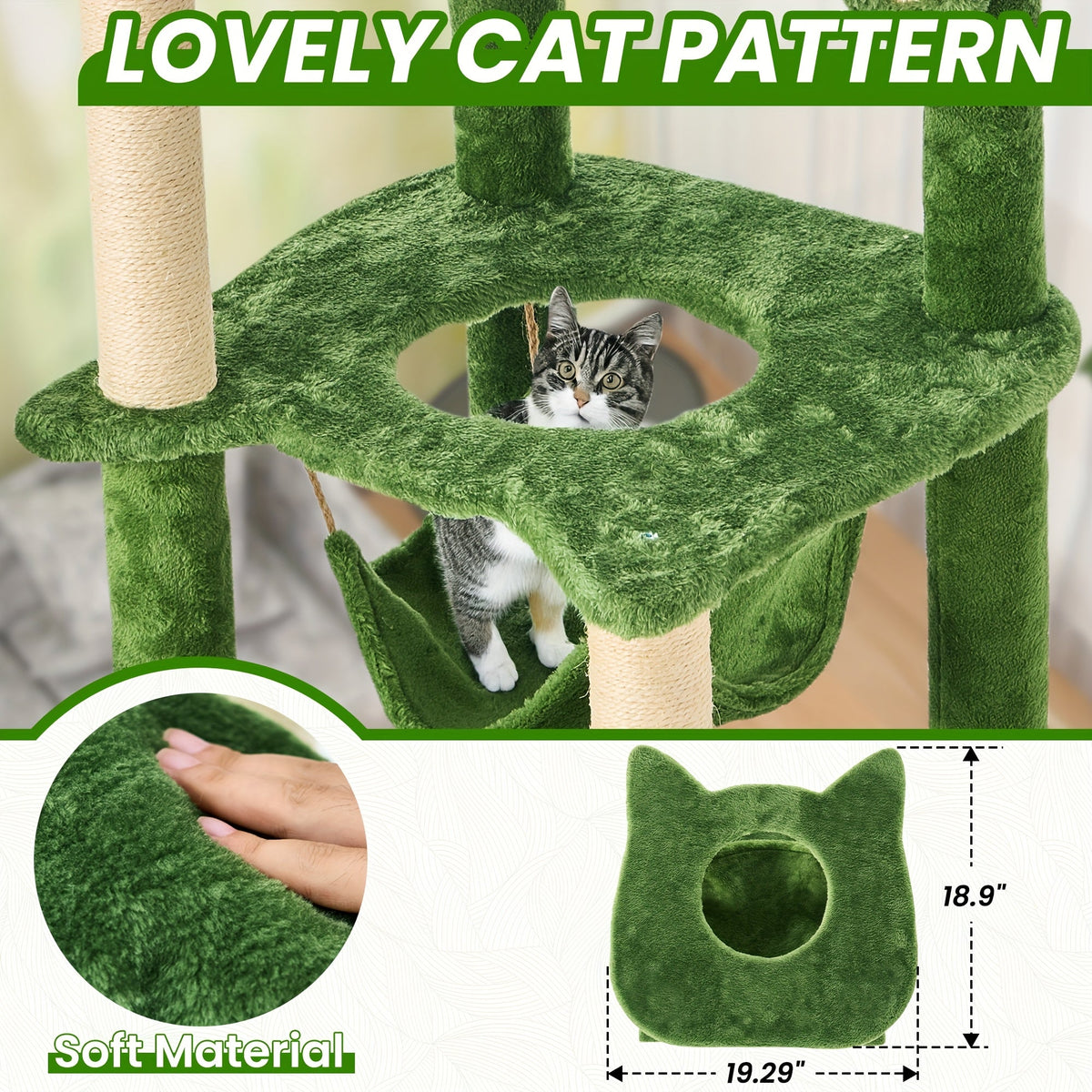 Arbre à chat de 140 cm pour chats d'intérieur avec feuilles vertes – Grande tour à chat multi-niveaux avec hamac, poteaux à griffer en sisal, jouet à suspendre, mobilier pour chat pour salon et chambre