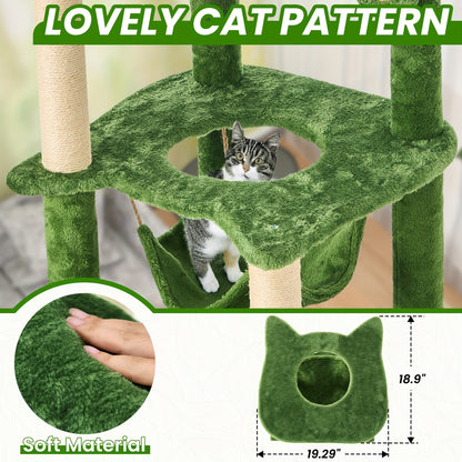Arbre à chat de 140 cm pour chats d'intérieur avec feuilles vertes – Grande tour à chat multi-niveaux avec hamac, poteaux à griffer en sisal, jouet à suspendre, mobilier pour chat pour salon et chambre