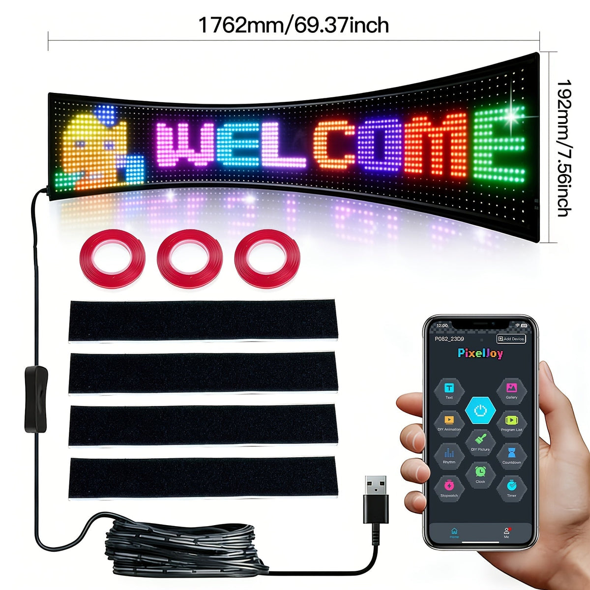Panneau matrice LED flexible – Contrôlé par application Bluetooth, alimenté par USB, enseigne à texte et animation personnalisables pour voitures, magasins, hôtels, événements et décorations de fête – Tailles multiples