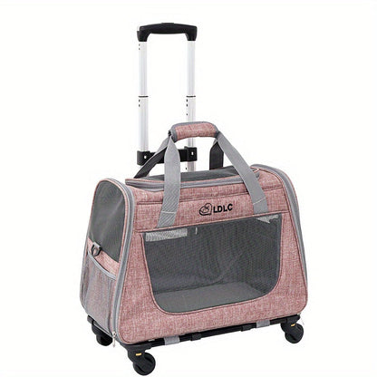 Sac de transport pour animaux 2-en-1 à roulettes - Sac à dos trolley pour chats et petits chiens, sac de voyage amovible, conforme aux normes aériennes, gris clair et rose clair