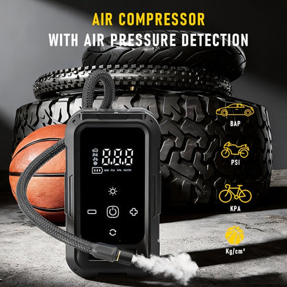 Gonfleur de pneus portable sans fil – Compresseur d'air intelligent sans fil avec manomètre numérique et lampe LED pour voitures, motos, vélos et ballons, recharge rapide Type-C