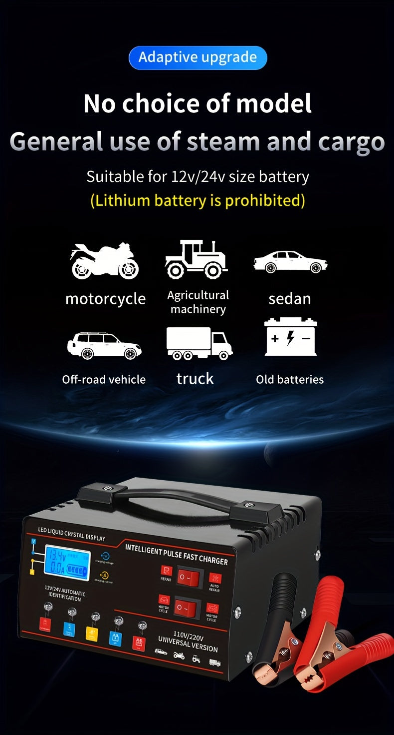 Chargeur de batterie universel intelligent 12V 24V avec écran LCD, réparation par impulsion, maintien de charge pour voiture, camion, moto, bateau, tondeuse à gazon, moissonneuse – Régulation automatique de la température