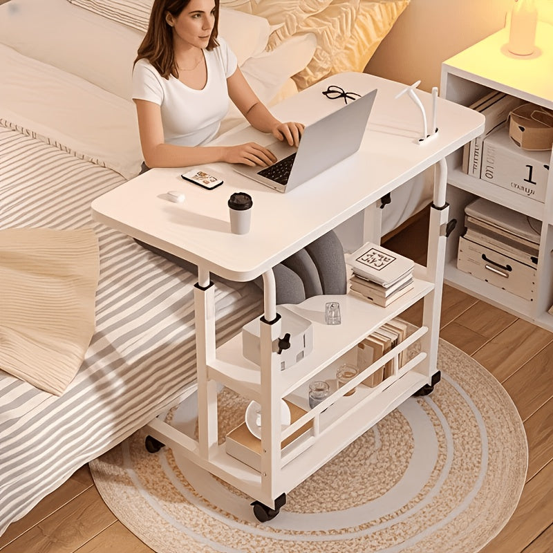 Bureau pliant à roulettes à 3 niveaux, hauteur réglable, plateau extensible, étagère de rangement pour ordinateur portable, bureau à domicile, chambre, salon, table d'ordinateur