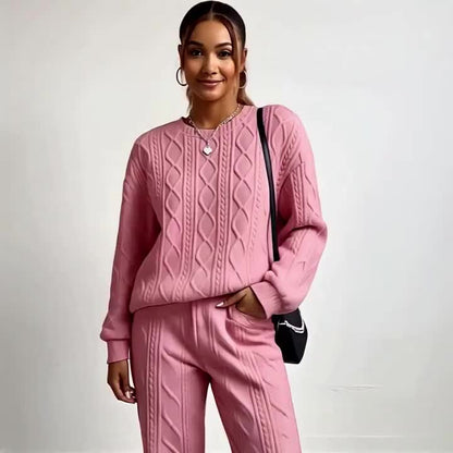 Ensemble survêtement 2 pièces pour femme – Haut à manches longues et col rond en jacquard texturé et pantalon de jogging, tenue de détente décontractée et respirante pour le printemps et l'été S-XXL