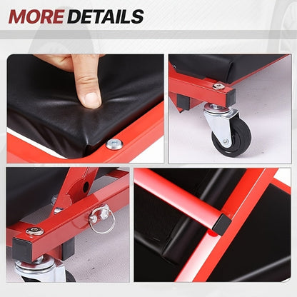 Chariot de visite mécanique pliable 3-en-1 robuste de 36 pouces avec siège en Z réglable - 6 roulettes pivotantes verrouillables, capacité de 350 à 650 lb, siège et appuie-tête rembourrés en vinyle, chariot de réparation automobile professionnel