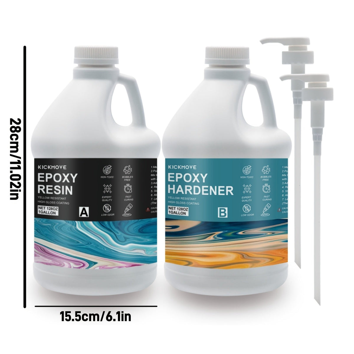 Kit de résine époxy transparente en 2 parties, haute brillance, pour moulage, revêtement, plans de travail, tables, art en résine, bijoux DIY et artisanat, avec pompes, de 16 oz à 2 gallons