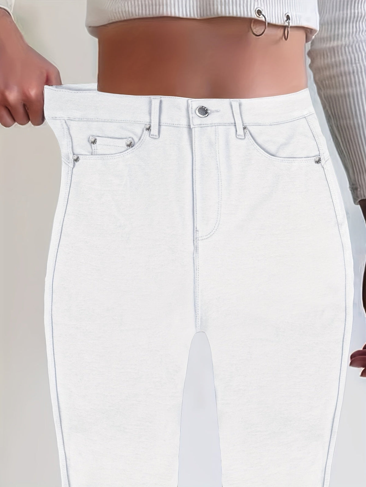 Jean skinny stretch taille haute pour femme, détail bouton en métal, style urbain, pantalon en jean coupe ajustée, 10 couleurs, S-XXL
