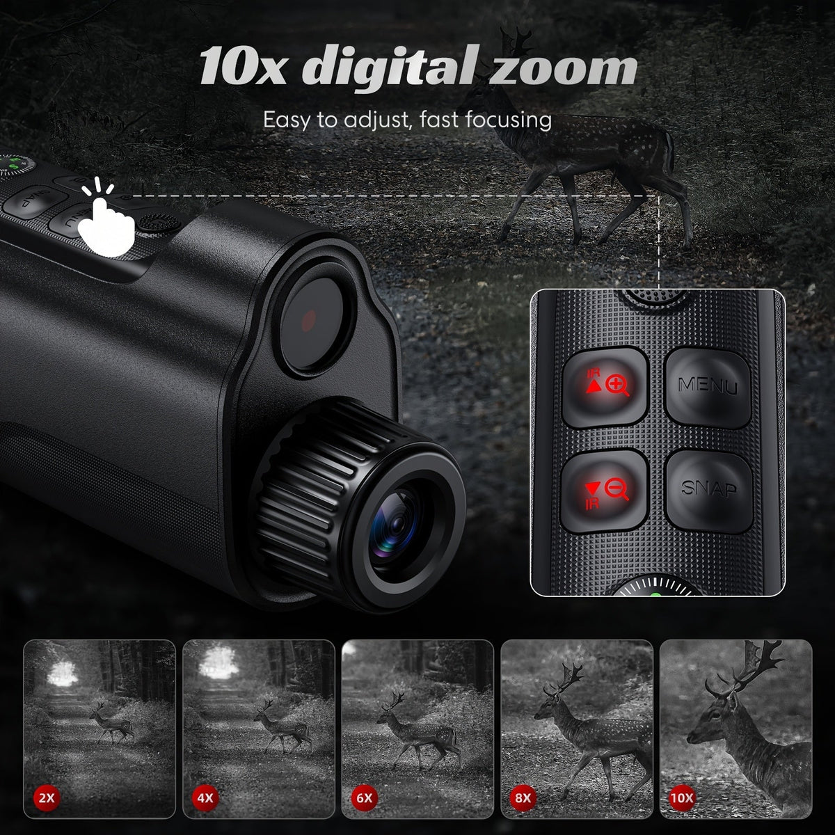 Jumelles de vision nocturne monoculaire 1080P infrarouge 5W, zoom numérique 10X, portée de 800m, batterie rechargeable 2700mAh, écran HD 2 pouces pour la chasse, le camping, l'observation de la faune et la sécurité