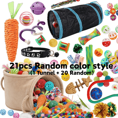 Lot de 18 à 21 jouets pour chat – Assortiment varié de jouets pour chaton, couleurs, styles et matériaux aléatoires, balles à plumes interactives et jouets à agacer pour chats d'intérieur, sans pile, coffret cadeau amusant pour les amoureux des chats