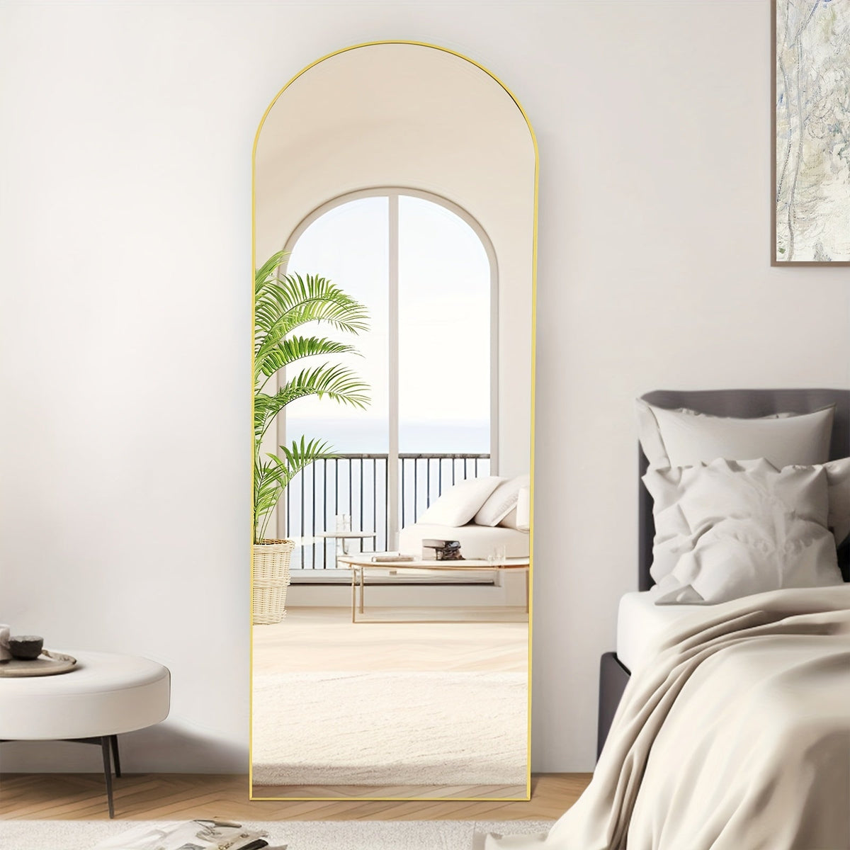 Miroir pleine longueur arqué avec support 64x21 / 59x16 pouces, miroir de sol en verre nano incassable avec cadre en alliage d'aluminium, miroir pleine longueur sur pied pour chambre, salon, vestiaire, décoration murale