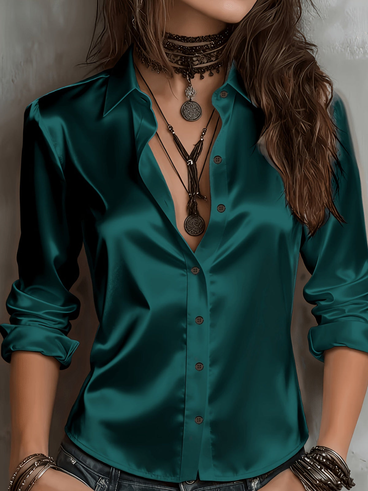 Chemisier élégant en satin pour femme, haut boutonné à l'aspect soyeux, idéal pour le travail, le bureau ou une tenue décontractée, toutes saisons, tailles S M L XL XXL