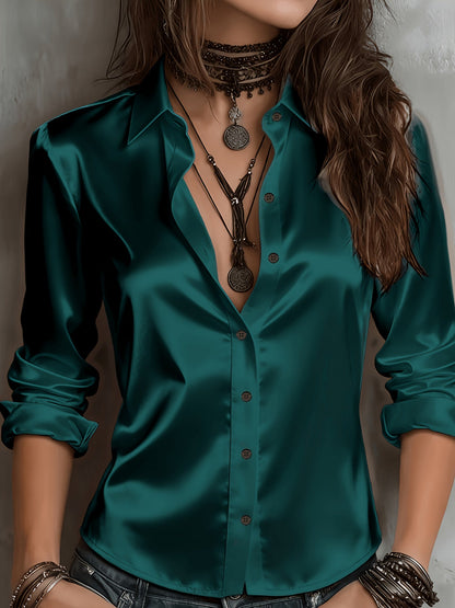 Chemisier élégant en satin pour femme, haut boutonné à l'aspect soyeux, idéal pour le travail, le bureau ou une tenue décontractée, toutes saisons, tailles S M L XL XXL