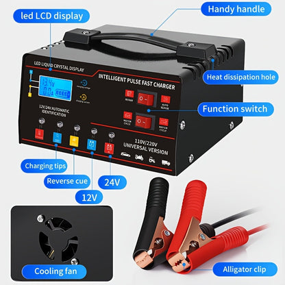 Chargeur de batterie universel intelligent 12V 24V avec écran LCD, réparation par impulsion, maintien de charge pour voiture, camion, moto, bateau, tondeuse à gazon, moissonneuse – Régulation automatique de la température