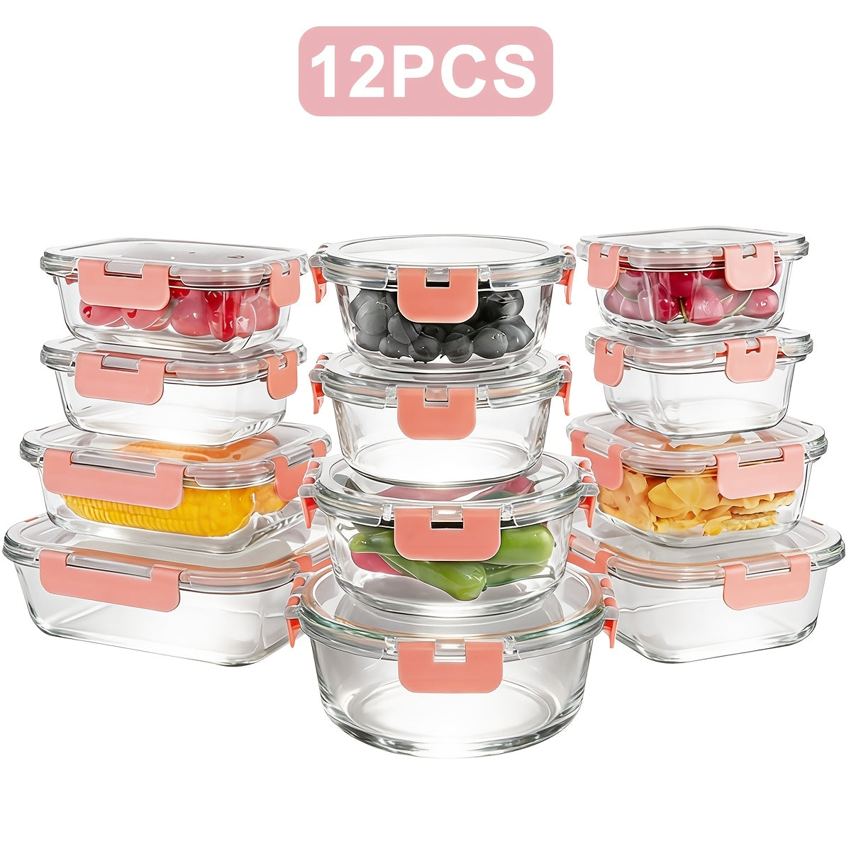 Ensemble de 12 récipients alimentaires en verre avec couvercles, boîtes de préparation de repas hermétiques et étanches, boîtes à déjeuner bento en verre épais compatibles micro-ondes, four, congélateur et lave-vaisselle, organisateur de garde-manger