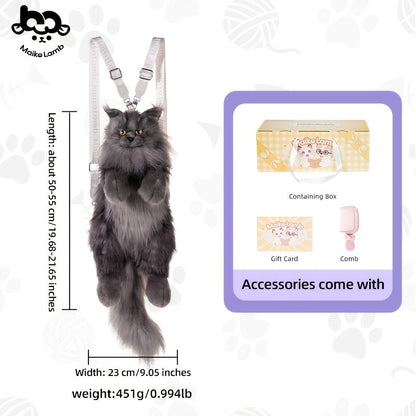 Realistic Black Maine Coon Cat Plush Backpack - Cute Animal-Shaped Handmade Soft Polyester Large Capacity Bag with Gift Box & Comb | Birthday Halloween Christmas Gift for Girls & Cat Lovers