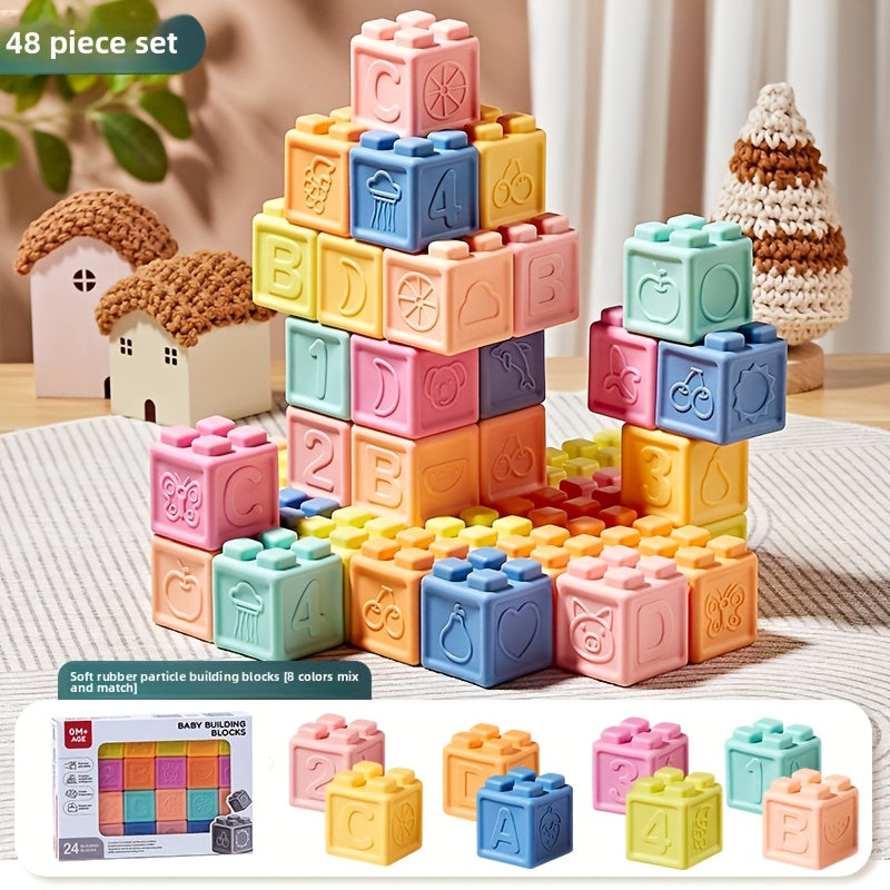 Blocs de construction souples en caoutchouc pour nourrissons et tout-petits – Jouet sensoriel à empiler, à mâcher et sans BPA, favorisant la préhension et le développement cognitif – 16, 24 ou 48 pièces – Âges 0-6 mois, 6-12 mois et 1-2 ans