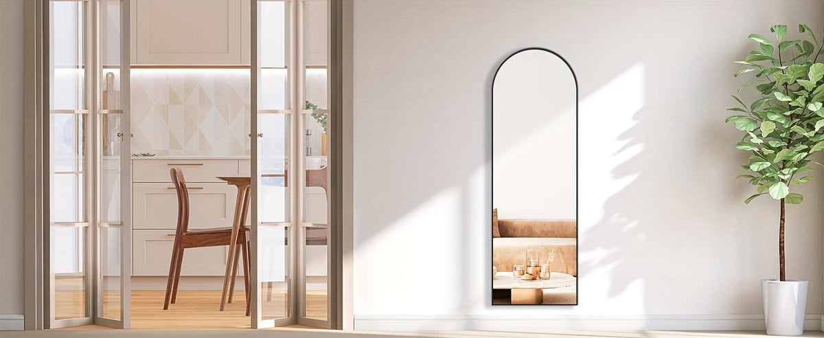 Miroir sur pied pleine longueur avec lumières LED - Sommet arqué et rectangulaire, cadre en aluminium, miroir habillage sur pied de 180 cm pour chambre et salon, noir or blanc, verre trempé de 5 mm