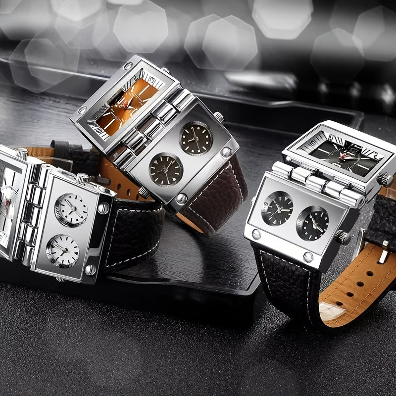 Montre à quartz de sport de luxe pour homme avec affichage double fuseau horaire - Montre-bracelet analogique à aiguilles avec boîtier en alliage, bracelet en similicuir et pile, pour le travail, les loisirs et comme cadeau en plein air