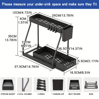 Lot de 2 organisateurs sous évier avec étagères à tiroirs coulissants – Rangement de placard extractible pour salle de bain, cuisine, cellier et meuble-lavabo, cadre en métal durable, organisation gain de place, noir ou blanc